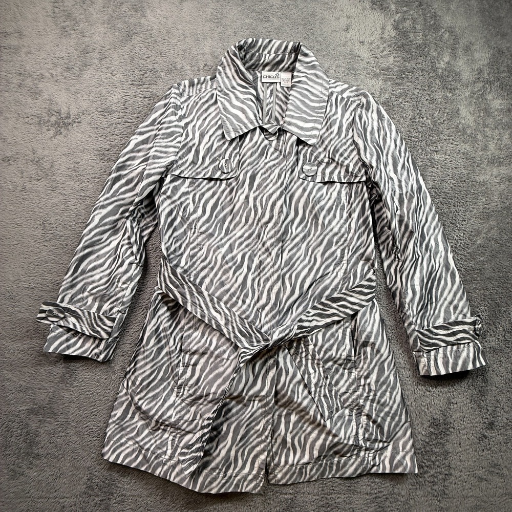 Chicos Zebra Animal Print Trench Coat Jacket Lightweight Water Repellant Women 2